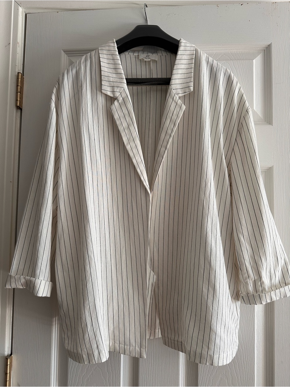 P Cill Striped Open-Front Blazer Jacket in Ivory with Thin Black Stripes